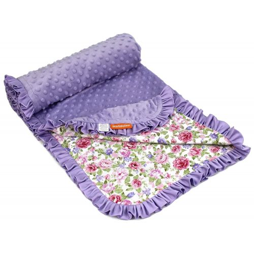  Dear Baby Gear Deluxe Baby Blankets, Cotton Vintage Floral Pink and Lilac Roses, Lavender Minky Dot with Lavender Ruffle, 38 Inches by 29 Inches