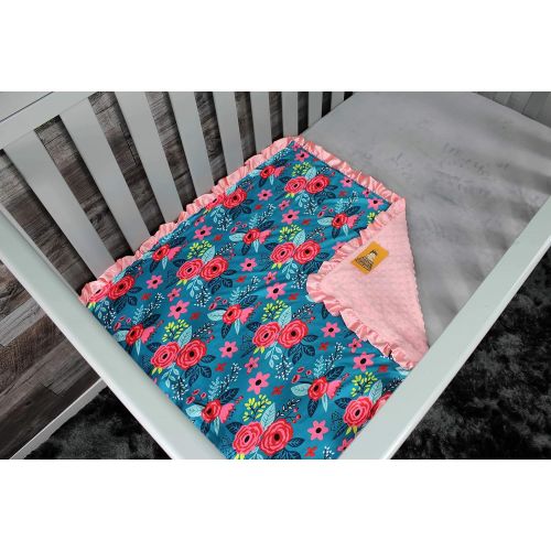  Dear Baby Gear Baby Blankets, Abstract Floral Teal, Coral Minky, 32 Inches by 32 Inches