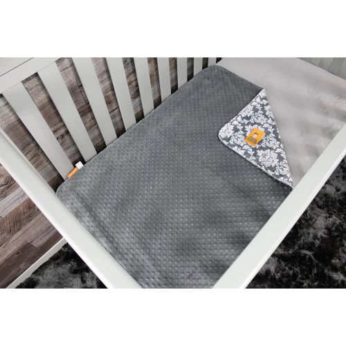  Dear Baby Gear Deluxe Baby Blankets, Custom Minky Print Double Layer Grey and White Damask, Grey Minky Dot, 38 inches by 29 inches