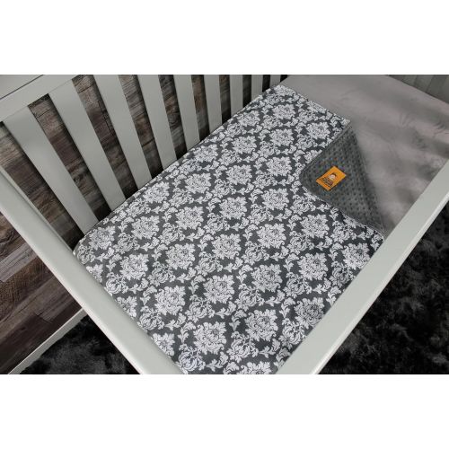  Dear Baby Gear Deluxe Baby Blankets, Custom Minky Print Double Layer Grey and White Damask, Grey Minky Dot, 38 inches by 29 inches