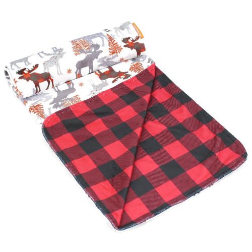  Dear Baby Gear Deluxe Baby Blankets, Custom Minky Print Reversible Moose Tree and Red Black Plaid, 38 Inches by 29 Inches