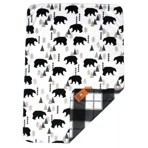  Dear Baby Gear Deluxe Reversible Baby Blankets, Custom Minky Print Black Bears, Black and Grey Plaid Minky