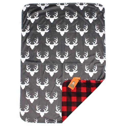  Dear Baby Gear Deluxe Reversible Baby Blankets, Custom Minky Print White Antlers, Red and Black Buffalo Plaid Minky