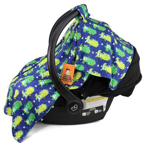  Dear Baby Gear Car Seat Canopy, Green Dinosaurs on Navy, Navy Minky Dot