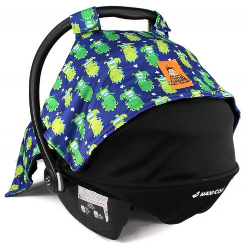  Dear Baby Gear Car Seat Canopy, Green Dinosaurs on Navy, Navy Minky Dot