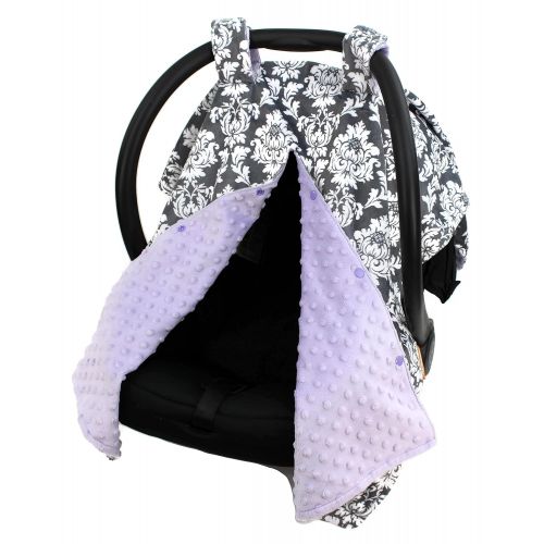  Dear Baby Gear Deluxe Car Seat Canopy Custom Minky Print Grey and White Damask, Lavender Minky Dot