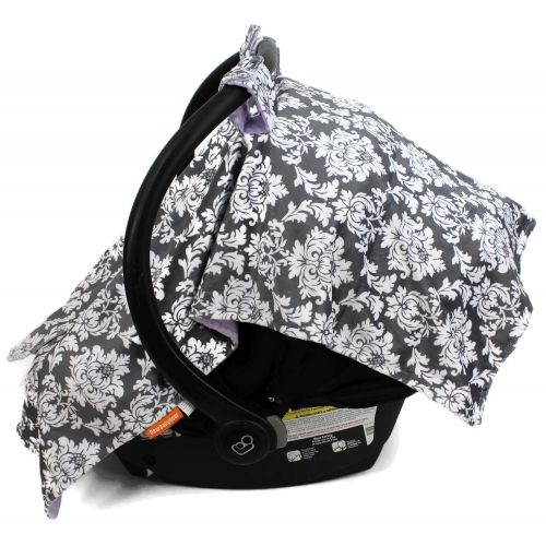  Dear Baby Gear Deluxe Car Seat Canopy Custom Minky Print Grey and White Damask, Lavender Minky Dot