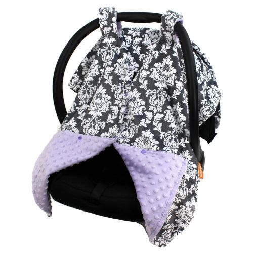  Dear Baby Gear Deluxe Car Seat Canopy Custom Minky Print Grey and White Damask, Lavender Minky Dot