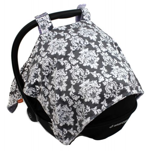  Dear Baby Gear Deluxe Car Seat Canopy Custom Minky Print Grey and White Damask, Lavender Minky Dot