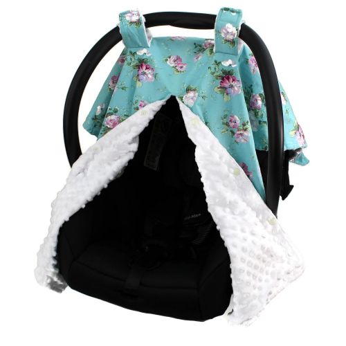  Dear Baby Gear Deluxe Car Seat Canopy, Cotton Floral Vintage White Roses on Blue, White Minky Dot