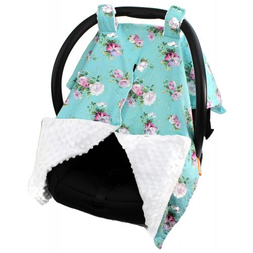  Dear Baby Gear Deluxe Car Seat Canopy, Cotton Floral Vintage White Roses on Blue, White Minky Dot