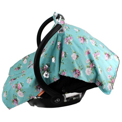  Dear Baby Gear Deluxe Car Seat Canopy, Cotton Floral Vintage White Roses on Blue, White Minky Dot