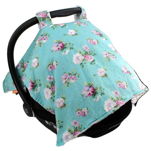  Dear Baby Gear Deluxe Car Seat Canopy, Cotton Floral Vintage White Roses on Blue, White Minky Dot