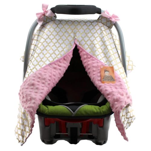  Dear Baby Gear Carseat Canopy, Iron Gate Gold on White, Pink Minky