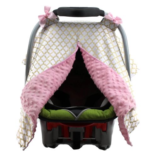  Dear Baby Gear Carseat Canopy, Iron Gate Gold on White, Pink Minky