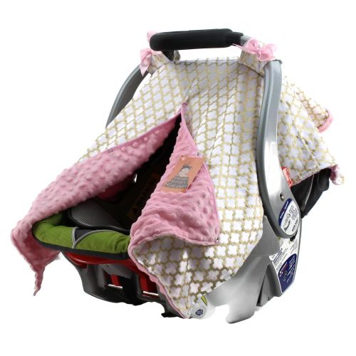  Dear Baby Gear Carseat Canopy, Iron Gate Gold on White, Pink Minky