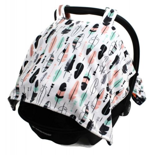  Dear Baby Gear Deluxe Reversible Car Seat Canopy, Custom Minky Print, Woodland Deer Quilt Feathers Pink Mint