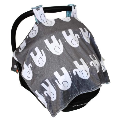  Dear Baby Gear Deluxe Car Seat Canopy, Custom Minky Print White Elephants, Opal Blue Minky Dot