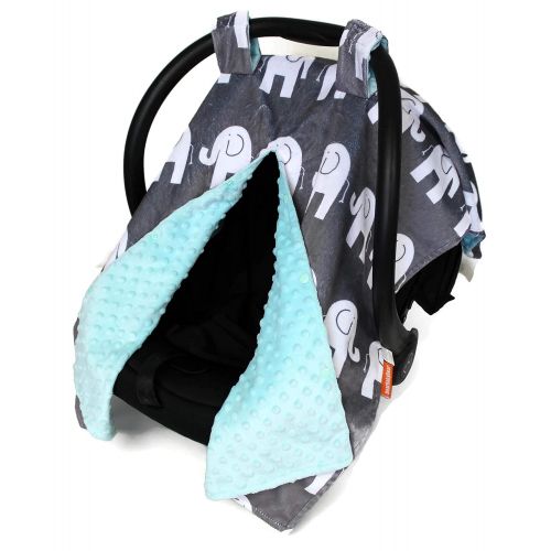  Dear Baby Gear Deluxe Car Seat Canopy, Custom Minky Print White Elephants, Opal Blue Minky Dot