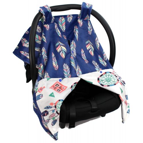  Dear Baby Gear Deluxe Car Seat Canopy, Custom Minky Print, Reversible Feathers and Dream Catchers