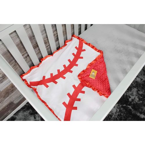  Dear Baby Gear Baby Blankets, Sports Printed Baseball on White Cotton, Red Minky, 32 inches by 32 inches