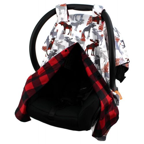  Dear Baby Gear Deluxe Reversible Car Seat Canopy, Custom Minky Print, Moose Tree and Red Black Plaid