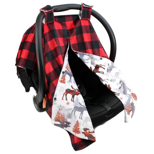  Dear Baby Gear Deluxe Reversible Car Seat Canopy, Custom Minky Print, Moose Tree and Red Black Plaid