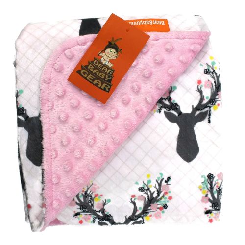 Dear Baby Gear Deluxe Baby Blankets, Custom Minky Print Antler Flowers Antler Flowers, Pink Minky Dot