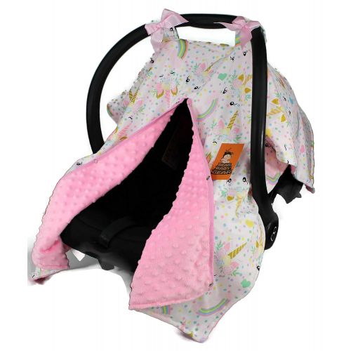  Dear Baby Gear Baby Car Seat Canopy, Unicorn Rainbows Glitter on Pink, Pink Minky