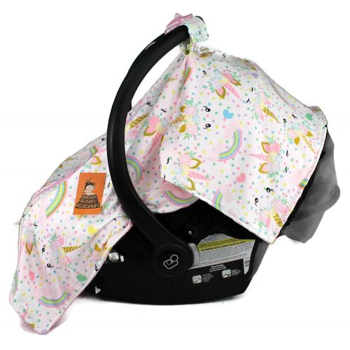  Dear Baby Gear Baby Car Seat Canopy, Unicorn Rainbows Glitter on Pink, Pink Minky