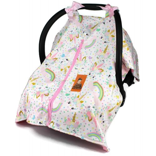  Dear Baby Gear Baby Car Seat Canopy, Unicorn Rainbows Glitter on Pink, Pink Minky