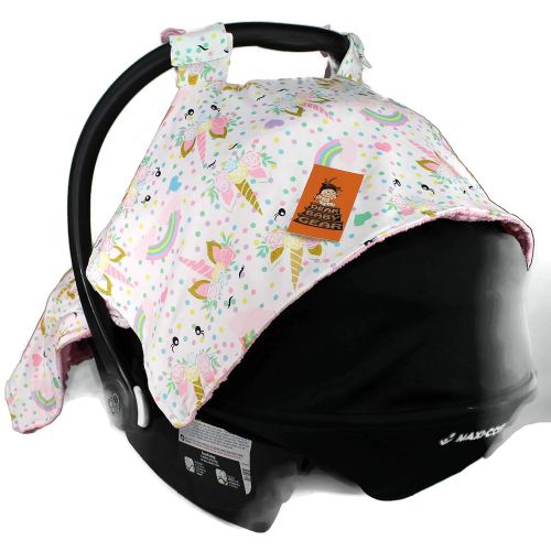 Dear Baby Gear Baby Car Seat Canopy, Unicorn Rainbows Glitter on Pink, Pink Minky