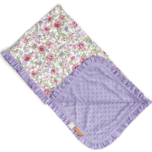  Dear Baby Gear Deluxe Baby Blankets, Cotton Vintage Floral Pink and Lilac Roses, Lavender Minky Dot with Lavender Ruffle, 38 Inches by 29 Inches