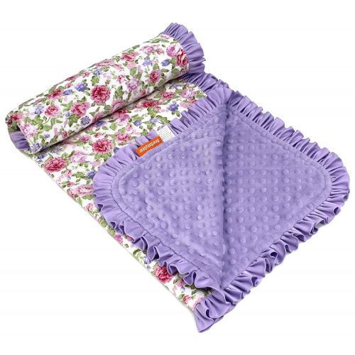  Dear Baby Gear Deluxe Baby Blankets, Cotton Vintage Floral Pink and Lilac Roses, Lavender Minky Dot with Lavender Ruffle, 38 Inches by 29 Inches