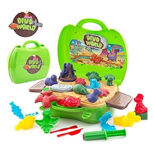  [아마존베스트]Deardeer Kids Play Dough Dinosaur Play Set 26 Pcs Pretend Play Toy Kit with Dough and Moulds in a Portable Case