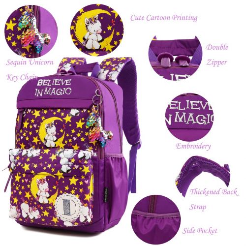  Debbieicy Cute Unicorn Lightweight Princess Backpack Kids School Bookbag with Pen Bag for Preschool, Kindergarten, Elementary Girls (Purple)