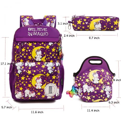  Debbieicy Cute Unicorn Lightweight Princess Backpack Kids School Bookbag with Pen Bag for Preschool, Kindergarten, Elementary Girls (Purple)