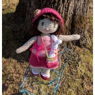 /DebraAnnDolls Crochet pink doll, Easter doll, crochet bunny, heirloom doll, yarn doll, handmade, amigurumi doll, brown hair, Maudie doll, gift for girl