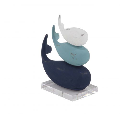  DecMode Decmode Coastal Polystone Stacked Whales Sculpture Beach Decor, Blue