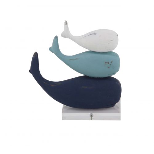  DecMode Decmode Coastal Polystone Stacked Whales Sculpture Beach Decor, Blue