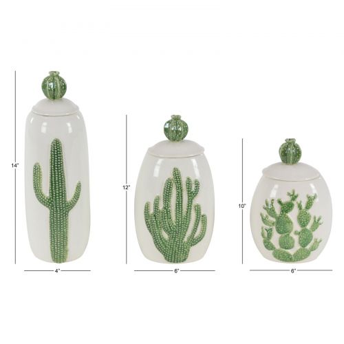  DecMode Decmode Set of 3 coastal 10, 12, and 14 inch glazed ceramic cactus jars, White