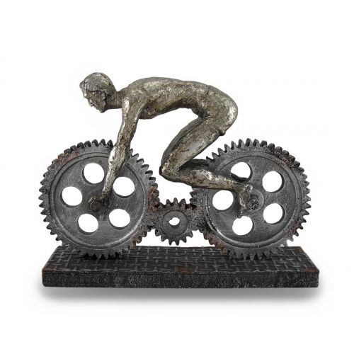  DecMode Decmode Industrial 8 Inch Polystone Gear Wheel Motorcycle and Rider Sculpture, Silver