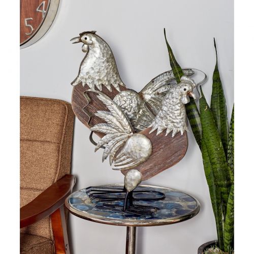  DecMode Decmode Farmhouse 16 and 20 Inch Metal and Fir Wood Rooster Sculptures - Set of 2