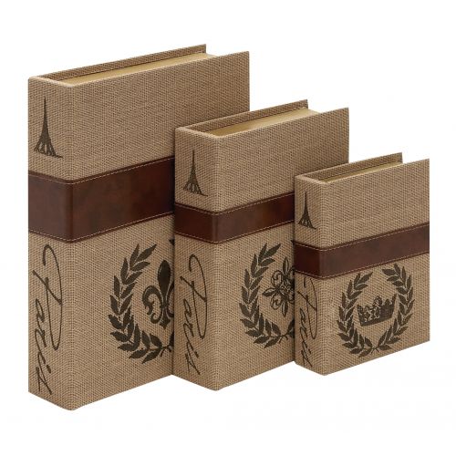  DecMode Decmode Traditional 9, 12 And 15 Inch Textured Burlap And Wood Book Boxes, Beige - Set of 3