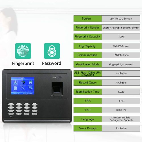  [아마존베스트]Decdeal Biometric Fingerprint Attendance Machine TFT LCD Display USB Fingerprint Attendance System Time Clock Employee Checking-in Recorder (2.8‘’)