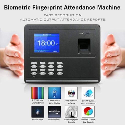  [아마존베스트]Decdeal Biometric Fingerprint Attendance Machine TFT LCD Display USB Fingerprint Attendance System Time Clock Employee Checking-in Recorder (2.8‘’)