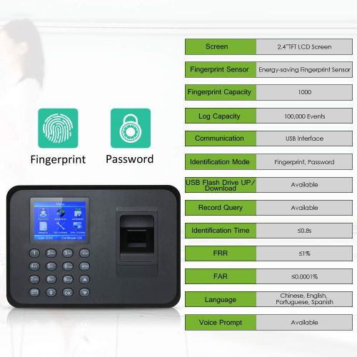  [아마존베스트]Decdeal Biometric Fingerprint Attendance Machine TFT LCD Display USB Fingerprint Attendance System Time Clock Employee Checking-in Recorder (2.4‘’)