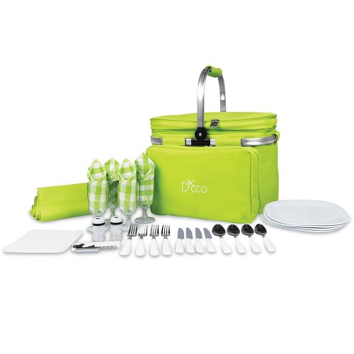  Deco Foldable Insulated Picnic Basket, w Plates, Glasses & Flatware - Keeps Food Cold or Warm for Hours - Full Sized Set Folds Down to 5 Inches