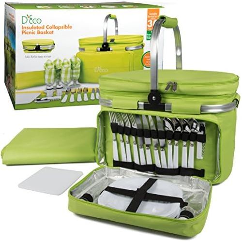  Deco Foldable Insulated Picnic Basket, w Plates, Glasses & Flatware - Keeps Food Cold or Warm for Hours - Full Sized Set Folds Down to 5 Inches