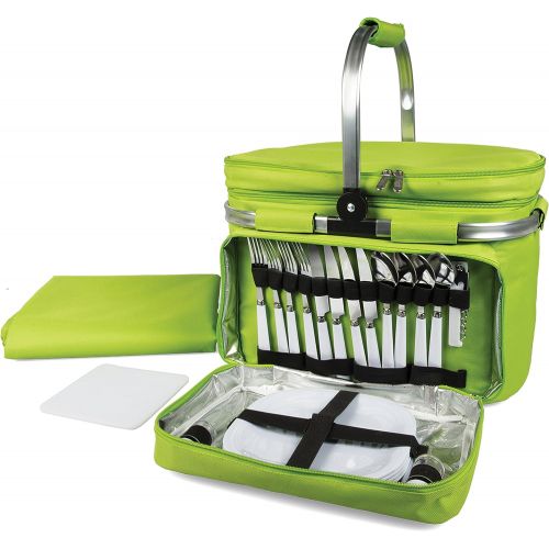  Deco Foldable Insulated Picnic Basket, w Plates, Glasses & Flatware - Keeps Food Cold or Warm for Hours - Full Sized Set Folds Down to 5 Inches